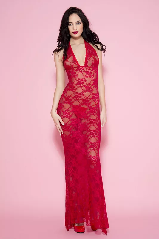 Halterjurk de encaje largo - Rojo