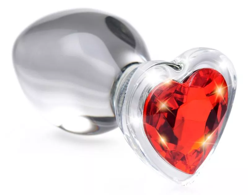 Plug anal de cristal con joya roja en forma de corazón - Mediano