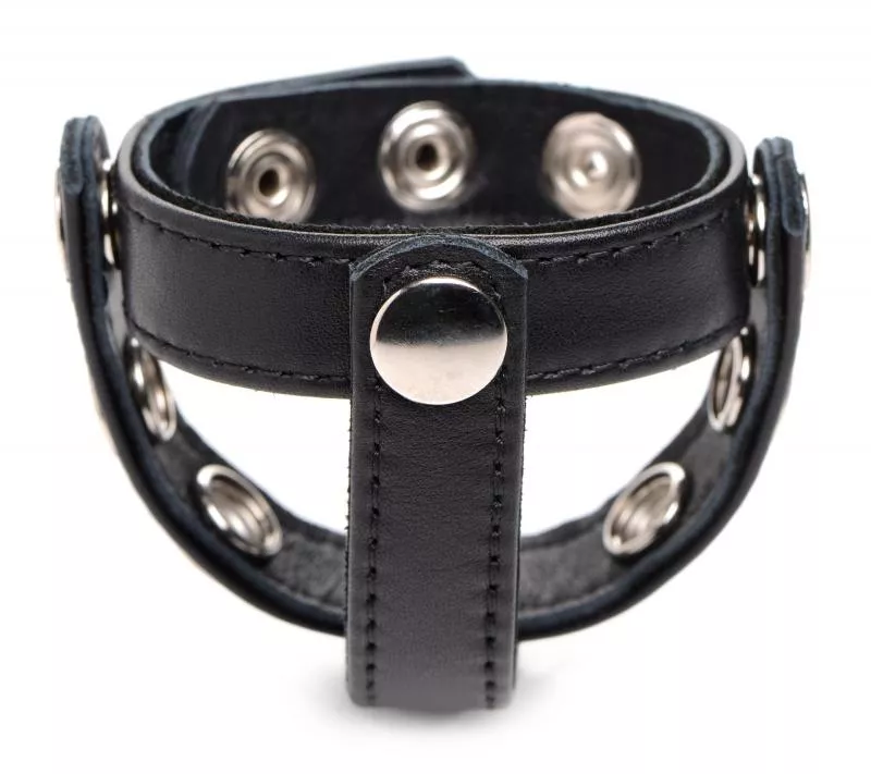 Anillo para el pene y los testículos de cuero ajustable con tachuelas de Cock Gear - Negro