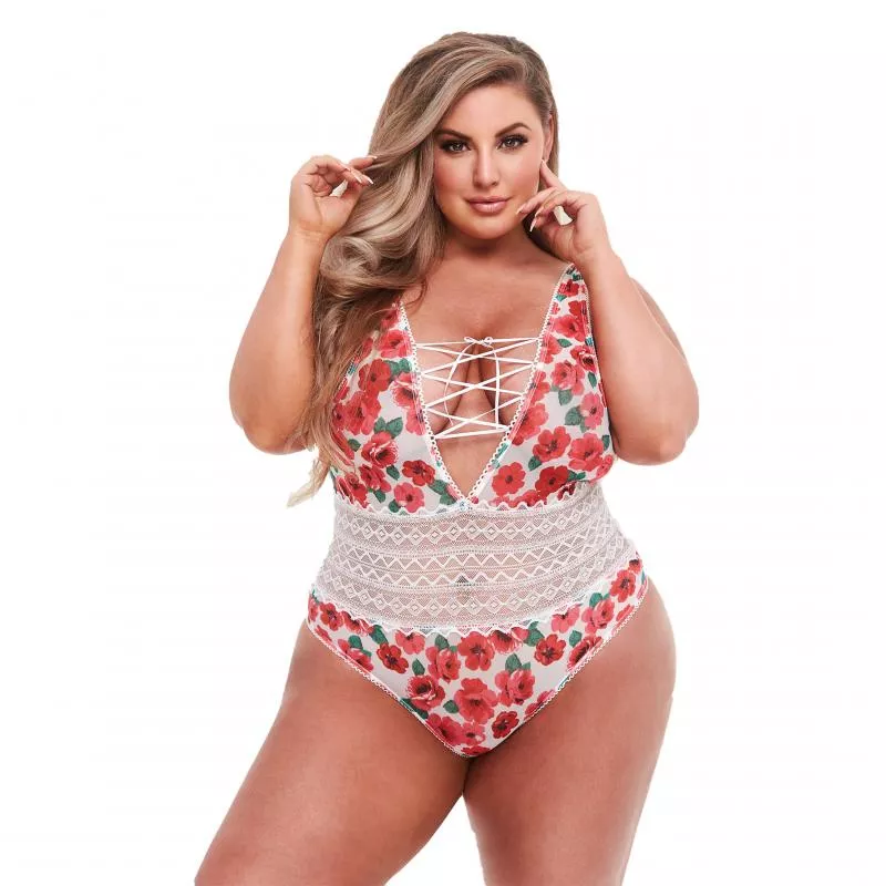 Baci - Body blanco de flores y encaje con atadura divertida - Curvy