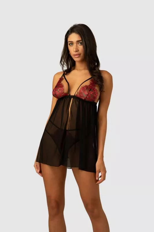 Picardías con tanga Fleur de Plaisir - negro/rojo