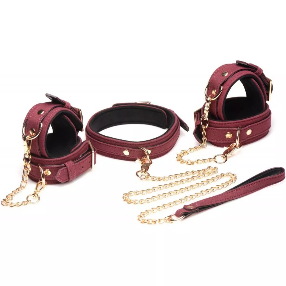 Juego de esposas de ante BDSM de 6 piezas con cuello y correa - Burdeos