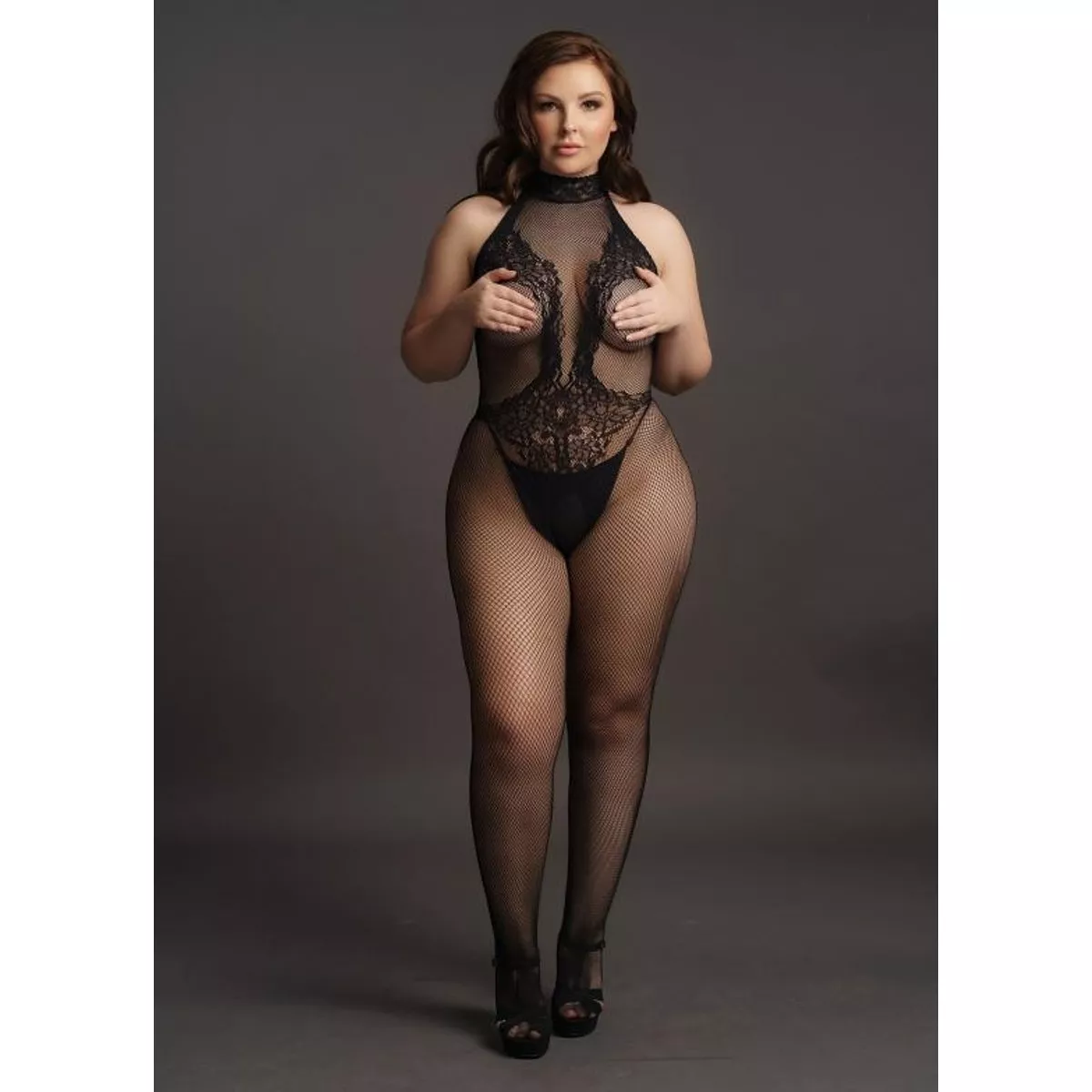 Body de cuerpo entero curvy con rejilla + encaje negro
