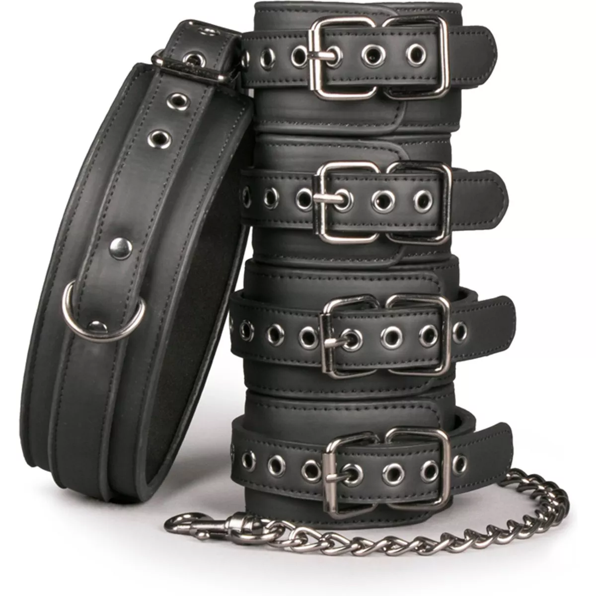 Set fetichista con collar y esposas para muñecas y tobillos