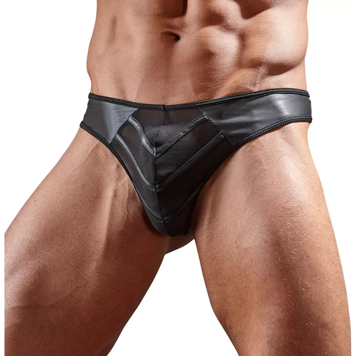 Tanga de imitación de cuero con inserciones de Powernet